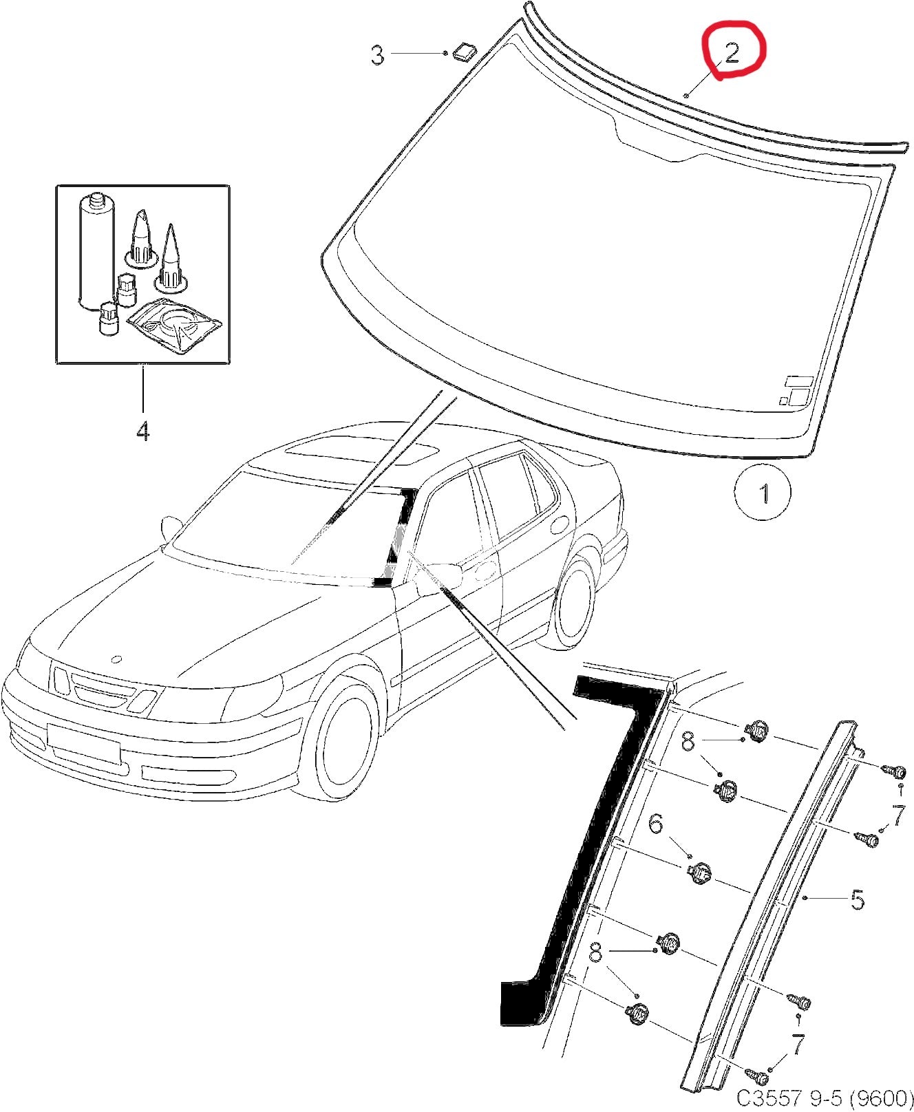 サーブ 9-5 フロントウィンドウ・ガラス・モール・トリム【サーブ純正・新品】1998-2010年