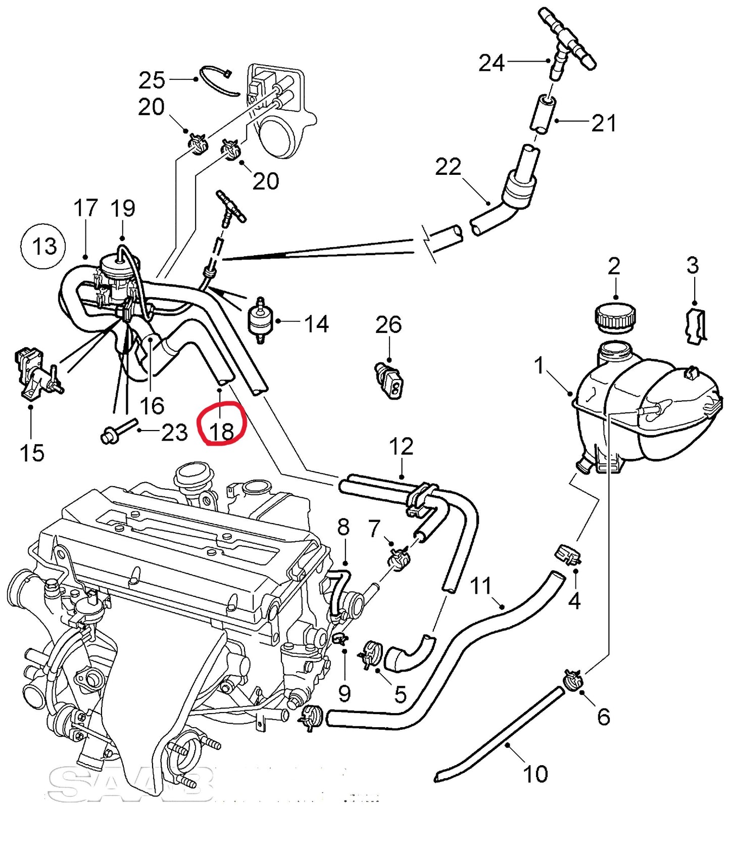 サーブ 9-5 B205 B235 クーラントバイパスホース②【新品】