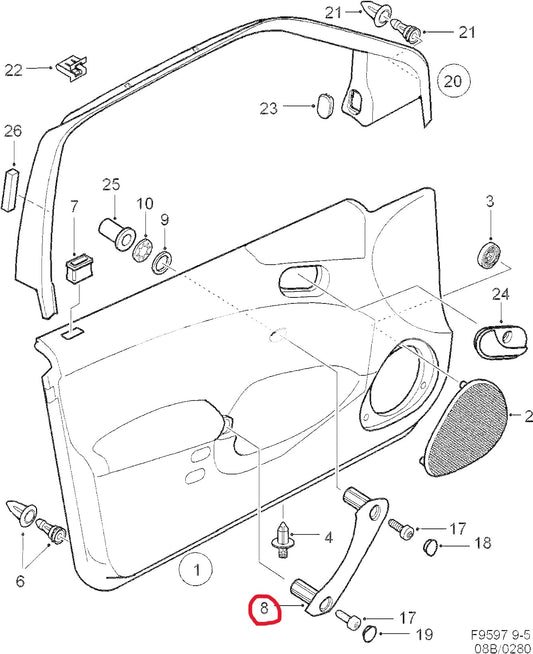 サーブ 9-5 B205 B235 B308 フロント右ドアインナーハンドル グレー【サーブ純正・新品】