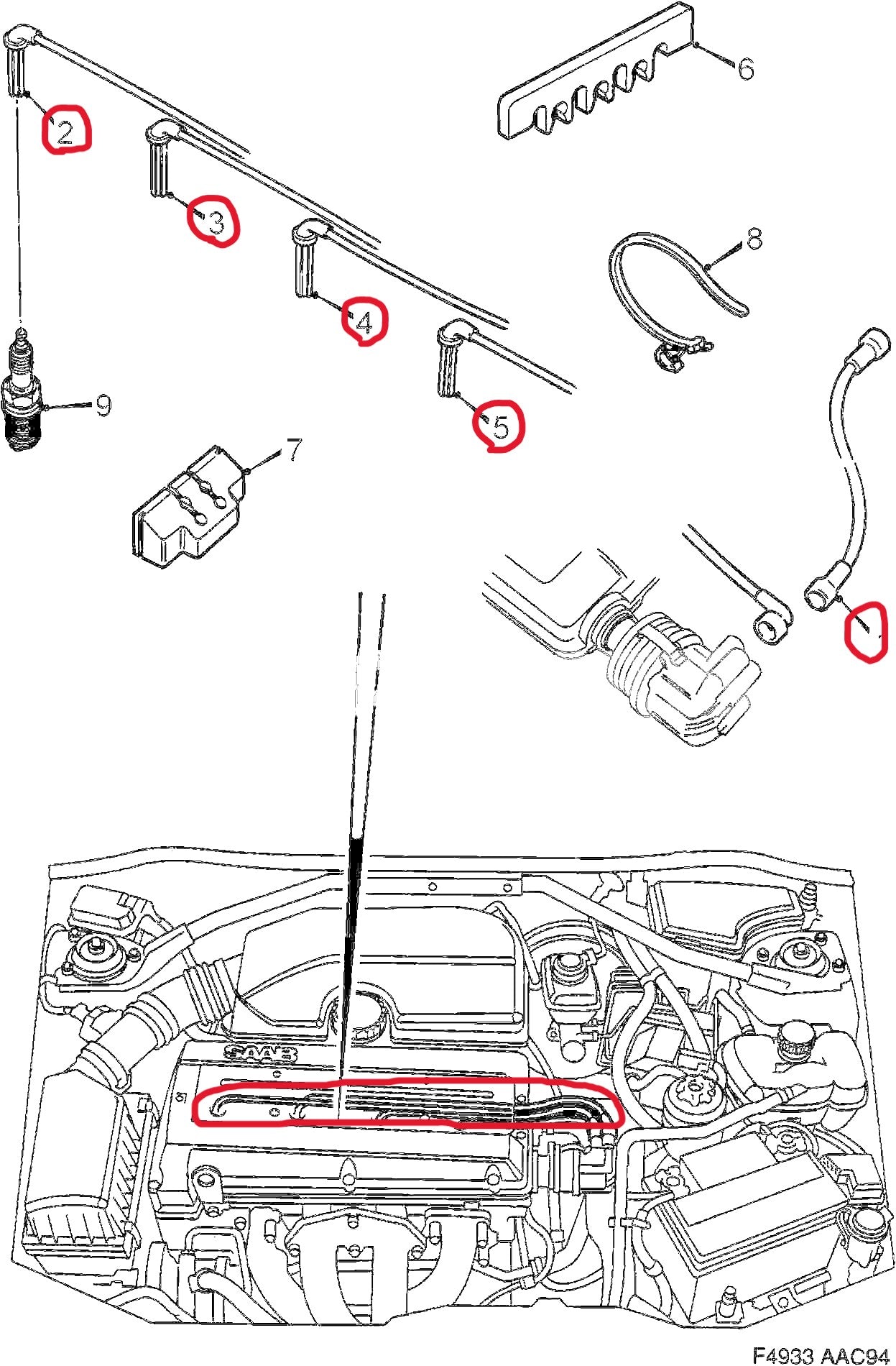 サーブ GM900(NG900) 9000 B204 B234 4気筒 スパークプラグコード 5本セット新品【NGK製・新品】
