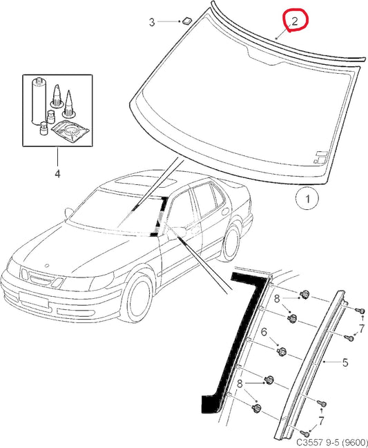 サーブ 9-5 フロントウィンドウ・ガラス・モール・トリム【サーブ純正・新品】1998-2010年