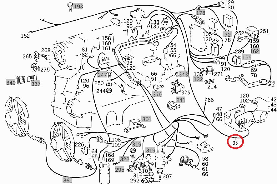 【ハーネスリビルト】ベンツ W124 エンジンハーネス（ボディー側） 右ハンドル用 E220 M111エンジン【リビルト】