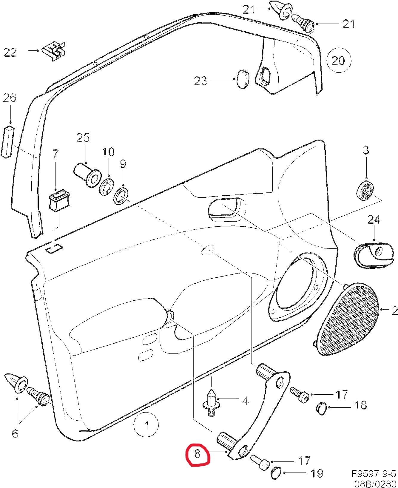 サーブ 9-5 B205 B235 B308 フロント右ドアインナーハンドル グレー【サーブ純正・新品】